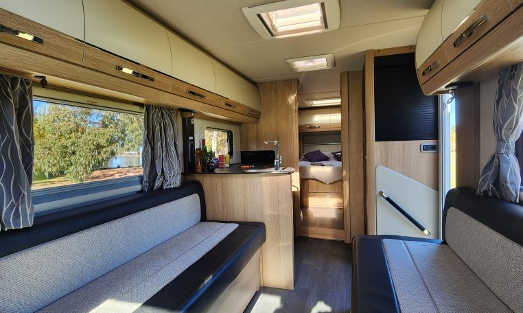 2023 Auto-Trail Frontier Comanche interior view showing the entry handrail.