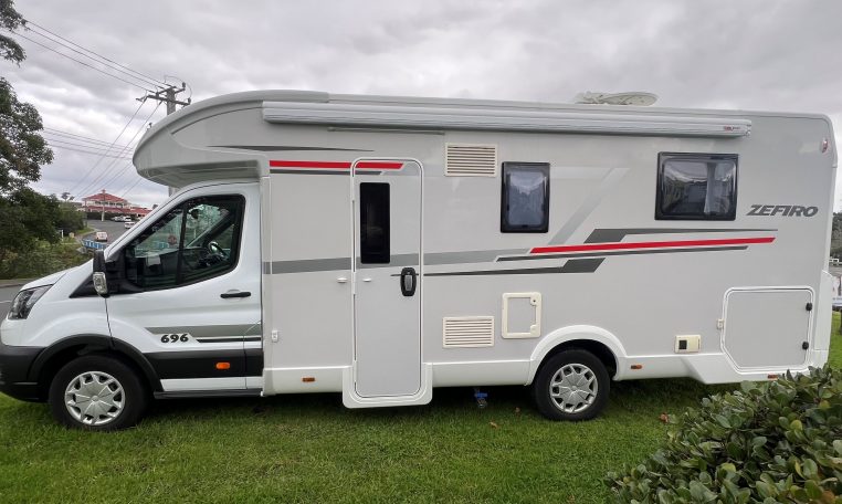 2023 Roller Team Zefiro 696 motorhome exterior showing the habitation door.