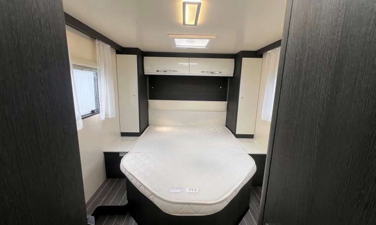 2023 Roller Team Zefiro 696 motorhome interior view showing the spacious bedroom with a rear island bed.