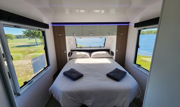 2023 Titan Blackhawk 720 Tardis interior view showing the spacious bedroom with an island bed.