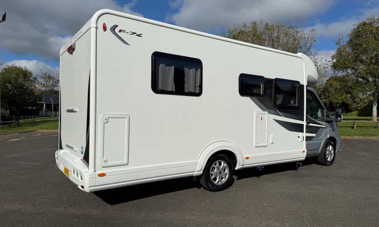 Auto-Trail F74 motorhome exterior view showing the rear and driver's side.