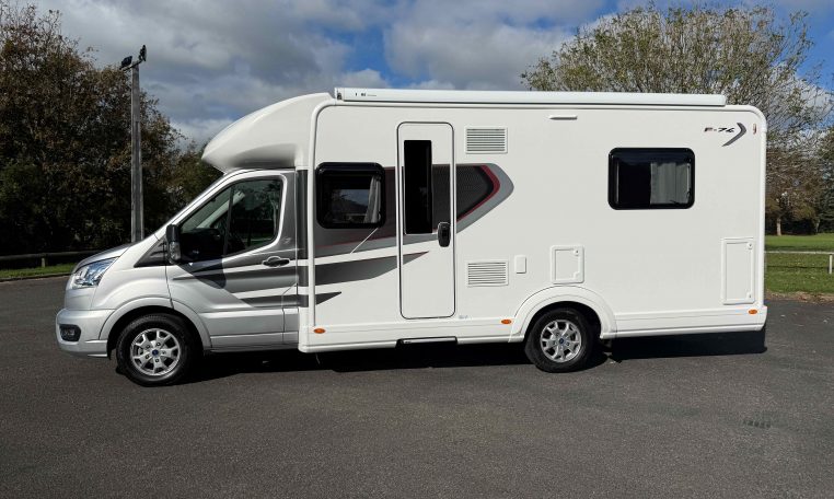 Auto-Trail F74 motorhome exterior view showing the habitation door.