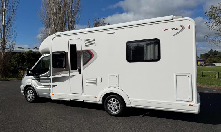 Auto-Trail F74 motorhome exterior view showing the habitation door.