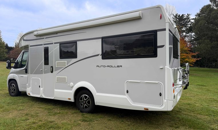 2023 Roller Team Auto-Roller 747 motorhome exterior side view showing the awning and habitation door.