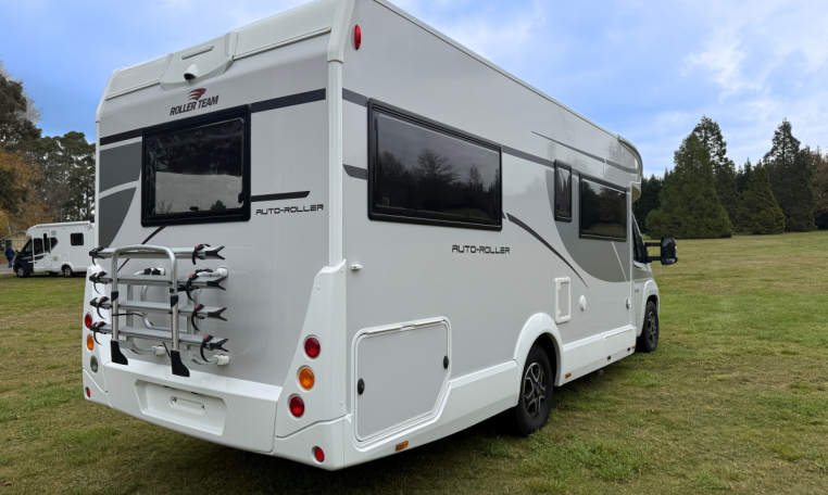 2023 Roller Team Auto-Roller 747 motorhome exterior rear view showing the bike rack.