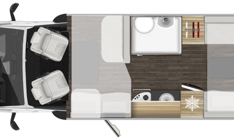 Interior floor layout of the Roller-Team T-Line 700 showing the kitchen, bathroom, front and back lounge/dining and bed arrangements.