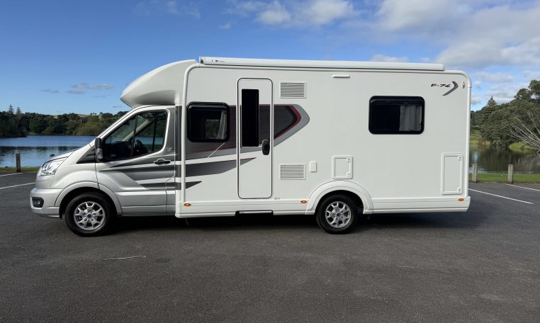 Auto-Trail F74 motorhome exterior showing the habitation door.