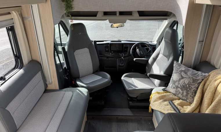 Auto-Trail F74 motorhome interior view showing front cab area.