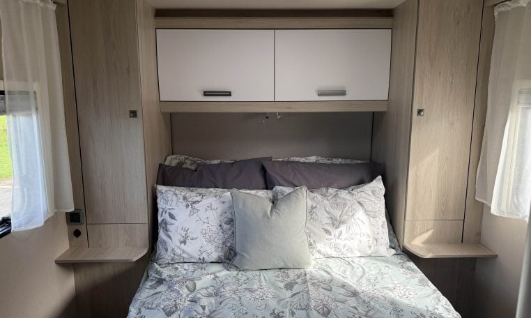 Auto-Trail F74 bedroom showing the rear island bed.