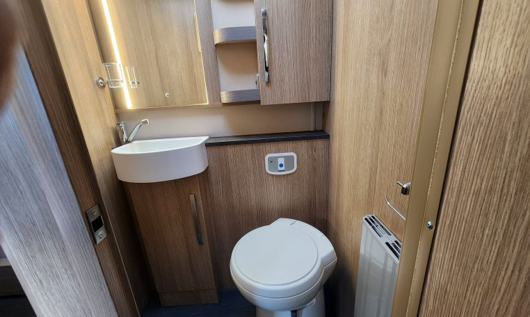 2024 Auto-Trail Frontier Delaware motorhome interior showing the bathroom.