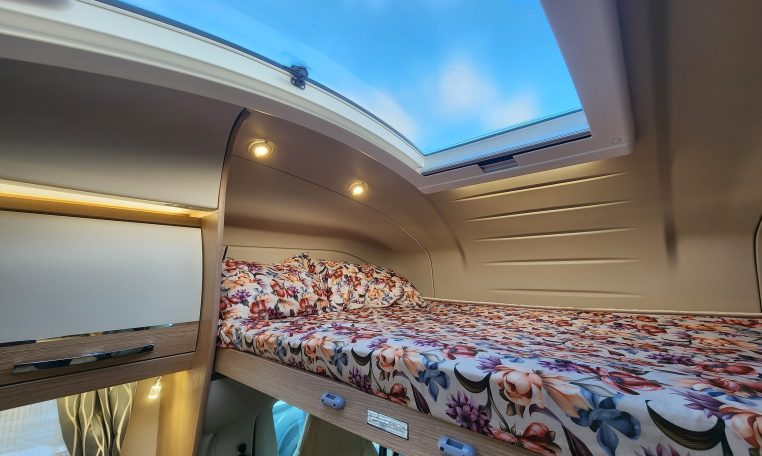 2024 Auto-Trail Frontier Delaware motorhome interior showing the bed above the cab.