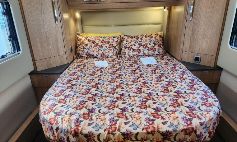 2024 Auto-Trail Frontier Delaware motorhome interior showing the rear island bed.