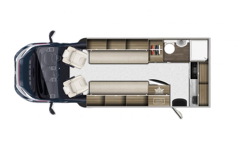 Interior floor layout of the Auto-Trail Imala 615 showing rear kitchen, central washroom, and front lounge arrangement.