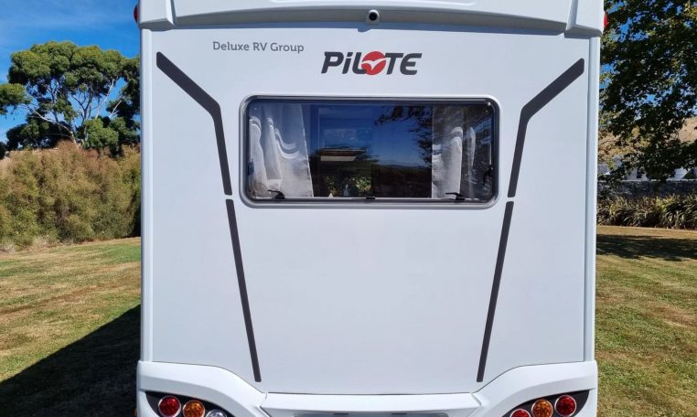 Fiat Ducato Pilote P696U exterior showing the rear of the motorhome.