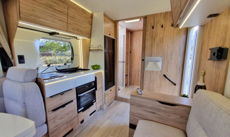 Fiat Ducato Pilote P696U interior showing the handrail at the entrance of the motorhome.