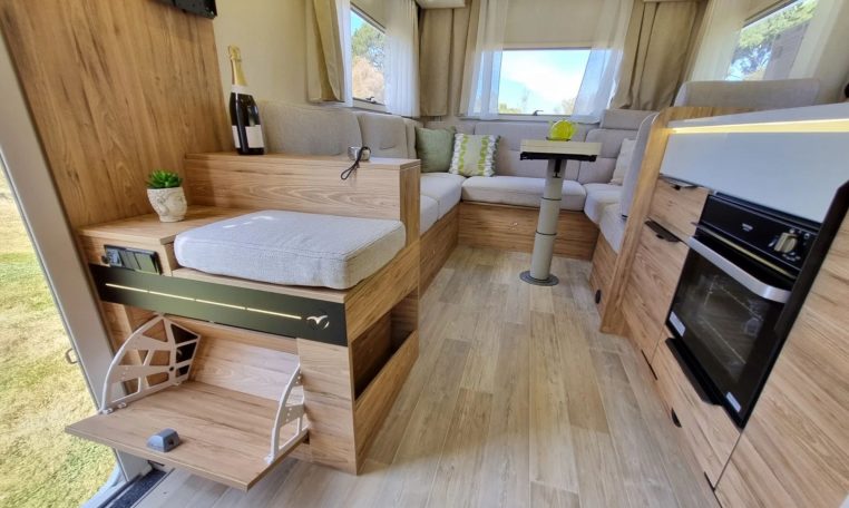 Fiat Ducato Pilote P696U interior showing the shoe storage at the motorhome entrance.