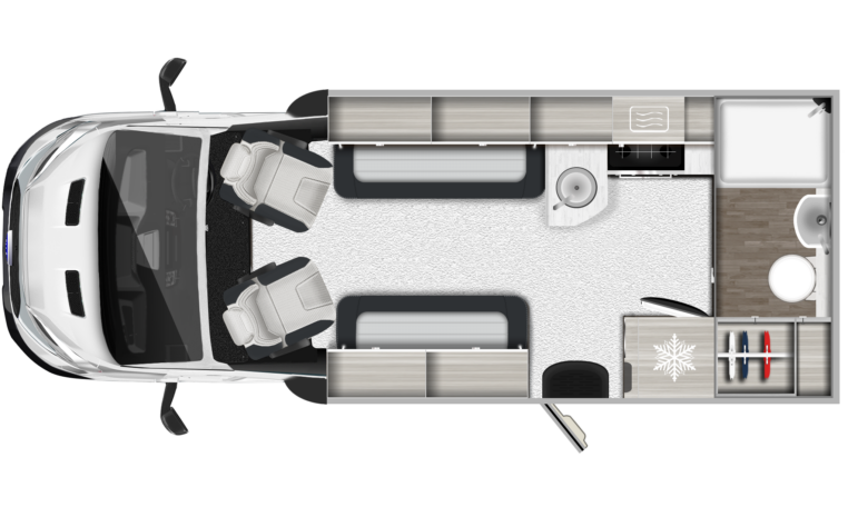 Interior floor layout of the Auto-Trail F-Line F-60 showing the kitchen, washroom, and front lounge arrangement.