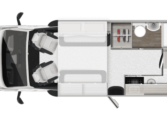 Interior floor layout of the Auto-Trail F-Line F62 showing rear kitchen, central washroom, and front lounge arrangement.