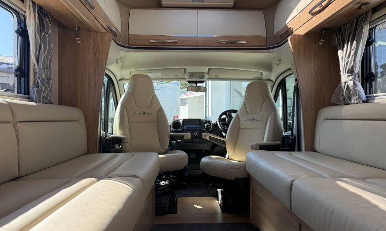 2025 Auto-Trail Frontier Comanche interior view showing the front lounge skylight.