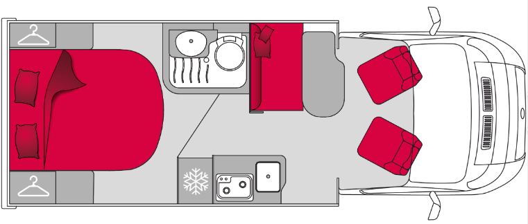 2025 Fiat Ducato Pilote P650C motorhome floorplan showing the interior layout.