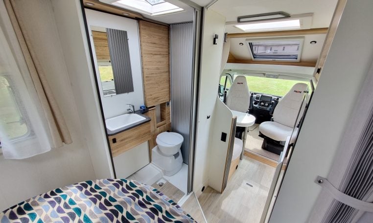 Interior view of the 2025 Fiat Ducato Pilote P650C motorhome bathroom skylight.