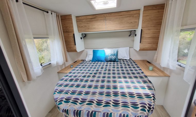 2025 Fiat Ducato Pilote P650C motorhome interior view showing the bedroom skylight letting in natural light.