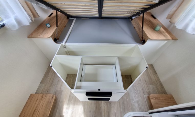 2025 Fiat Ducato Pilote P650C motorhome interior view showing the underbed storage.