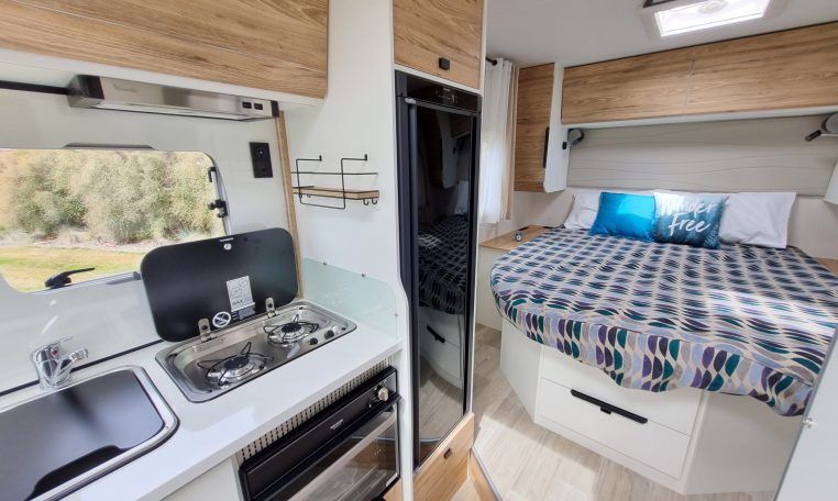 2025 Fiat Ducato Pilote P650C motorhome interior view showing the built-in fridge.