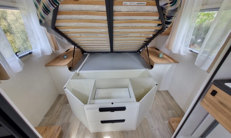 2025 Fiat Ducato Pilote P650C motorhome interior view showing the underbed storage.
