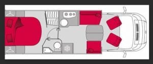 2025 Fiat Ducato Pilote P740FC motorhome floorplan showing the interior layout.