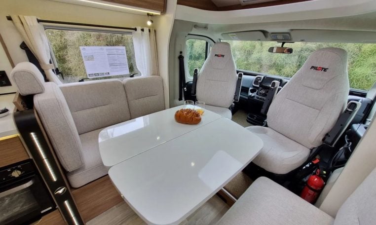 Fiat Ducato Pilote P740FC motorhome interior view of the cab swivel seats.
