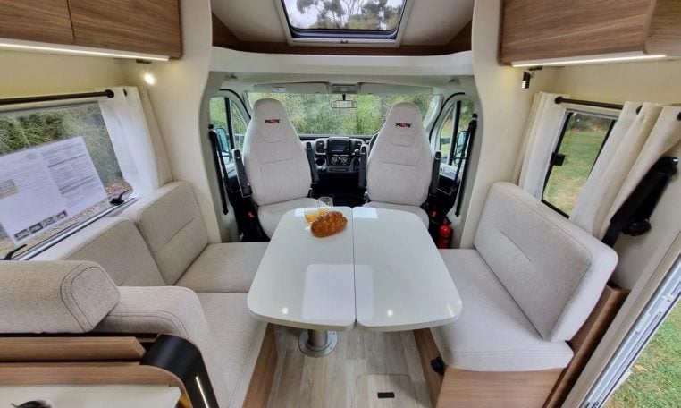 Fiat Ducato Pilote P740FC motorhome interior view of the spacious front dining.