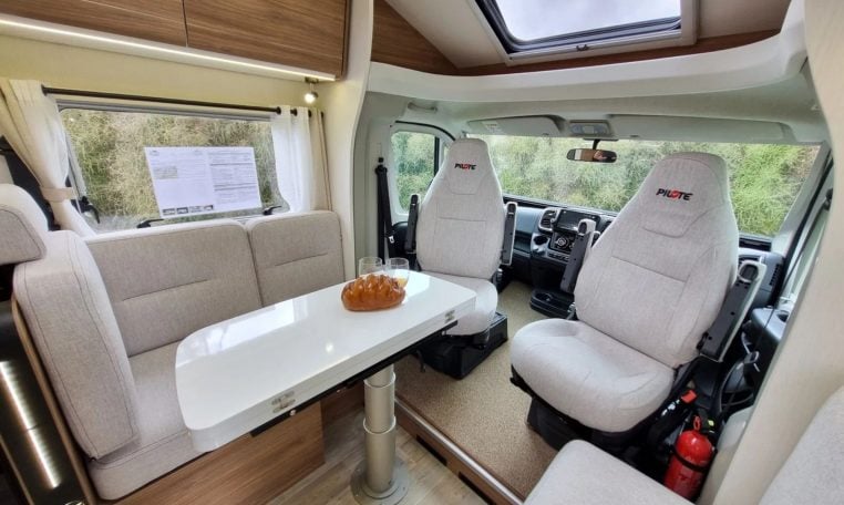 Fiat Ducato Pilote P740FC motorhome interior view of the spacious front lounge.