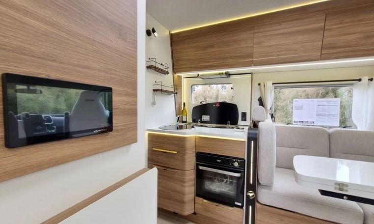 Fiat Ducato Pilote P740FC motorhome interior view of the kitchen.