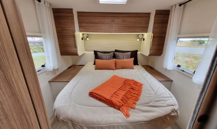 Fiat Ducato Pilote P740FC motorhome interior view of the rear island bed.
