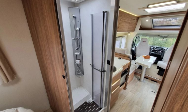 Fiat Ducato Pilote P740FC motorhome interior view showcasing the shower.