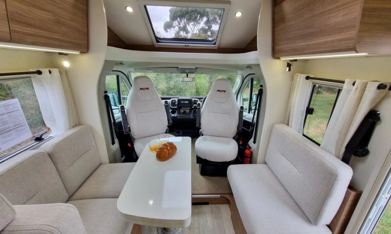 Fiat Ducato Pilote P740FC motorhome interior view showcasing the skylight.