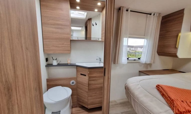 Fiat Ducato Pilote P740FC motorhome interior view of the bathroom showing the toilet.