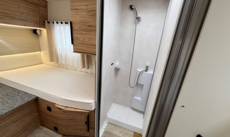 Modern shower in the 2025 Pilote 650GJ, designed for comfort and convenient motorhome living.