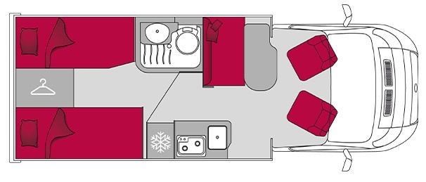2025 Fiat Ducato Pilote P650GJ motorhome floorplan showing the interior layout.