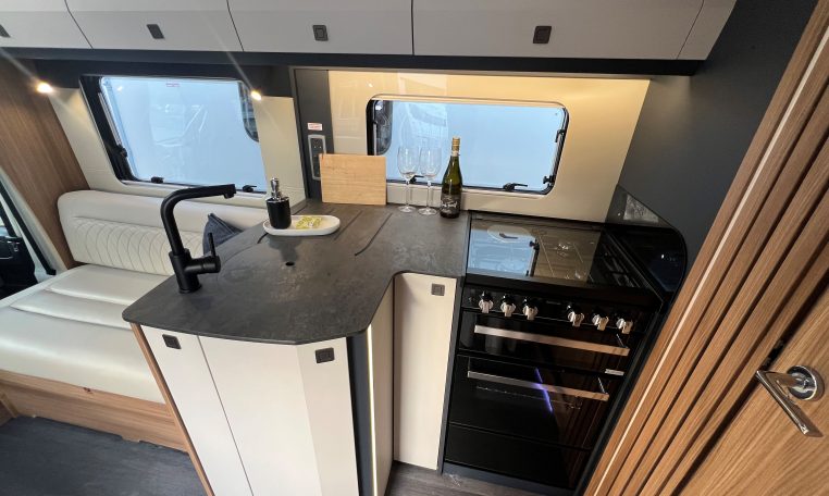 2026 Auto-Trail Frontier Delaware motorhome interior view of the kitchen with hob and oven.