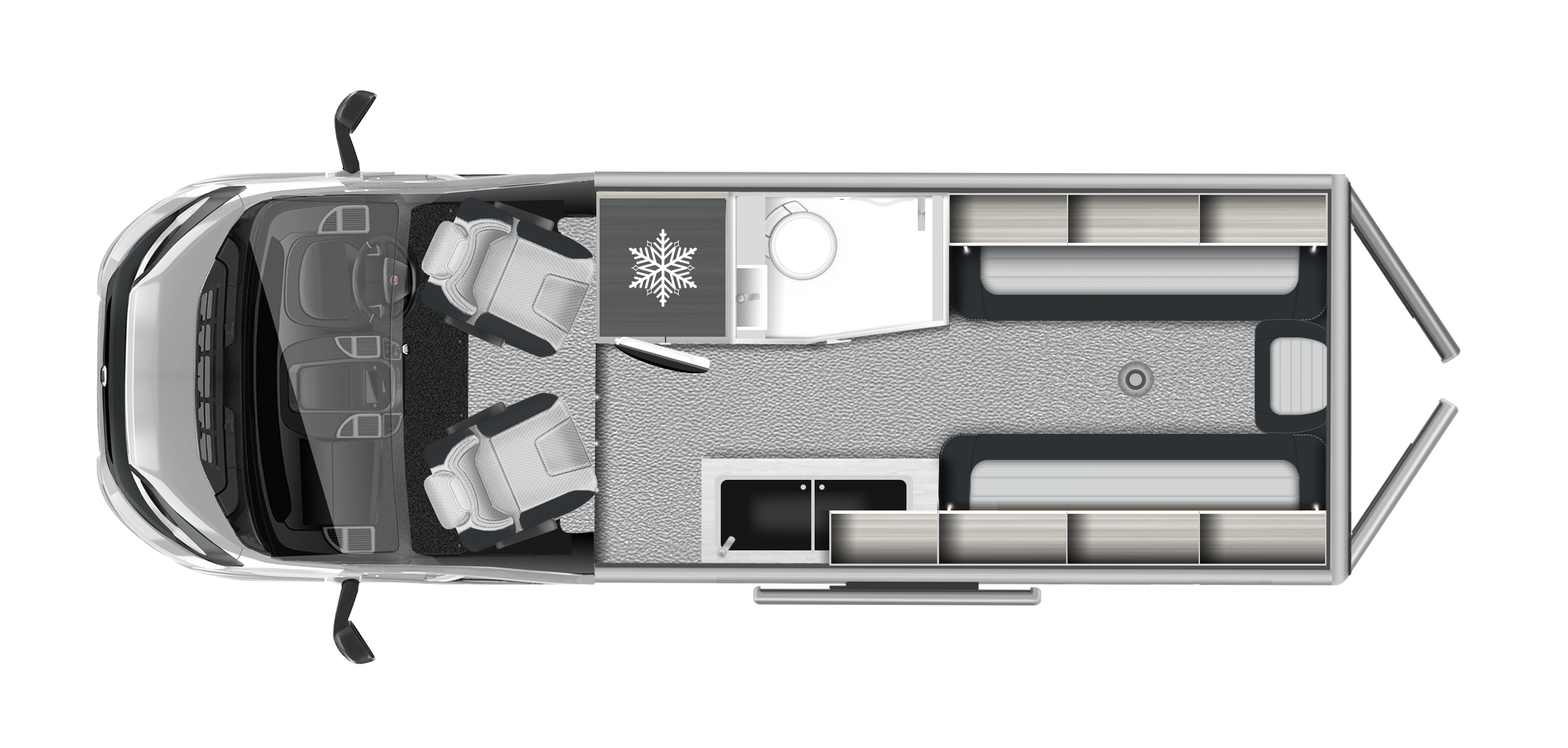 2026 - Auto-Trail - Expedition 66 - Layout layout showing the internals of an expedition campervan with rear barn doors