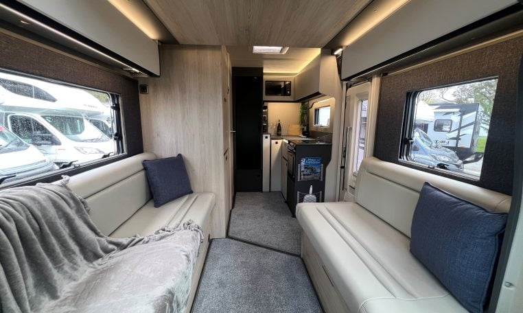2026 Auto-Trail F-Line F62 motorhome interior showing the spacious and comfortable front lounge.