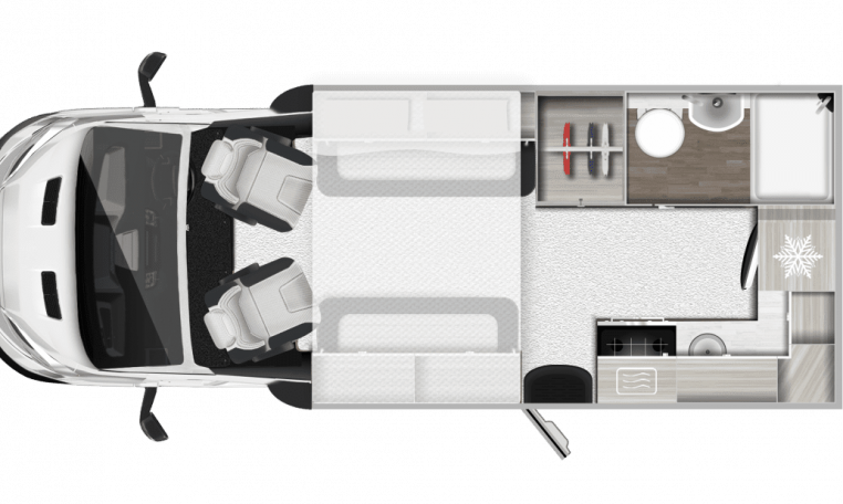 Interior floor layout of the 2026 Auto-Trail F-Line F62 showing kitchen, washroom, and front lounge arrangement.