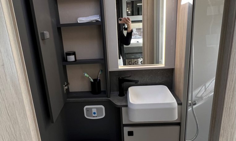 2026 Auto-Trail F-Line F70 motorhome interior view showing the bathroom cupboard.