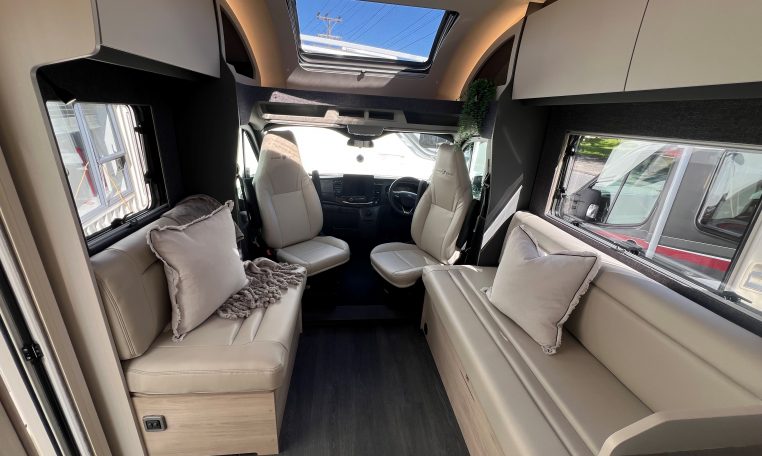 2026 Auto-Trail F-Line F70 interior view showcasing the cab swivel seats.
