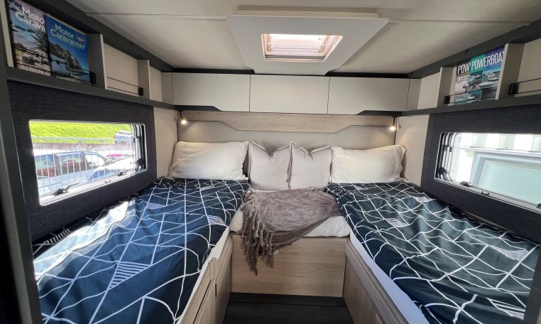 2026 Auto-Trail F-Line F70 motorhome interior view showcasing the rear twin singles.