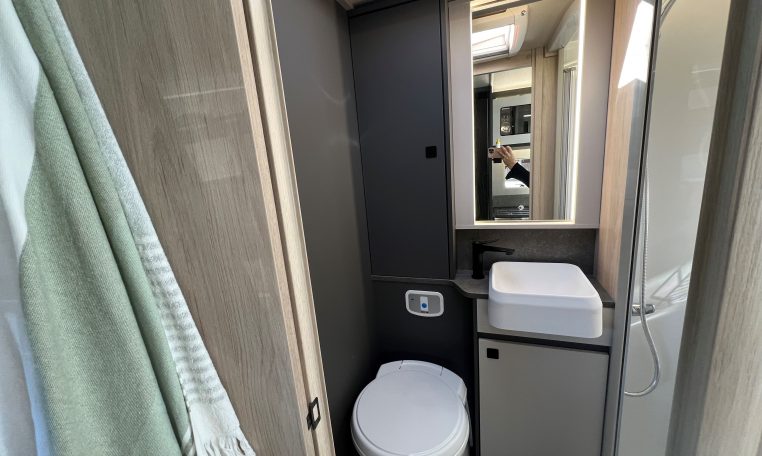 2026 Auto-Trail F-Line F70 motorhome interior view showing the compact toilet.