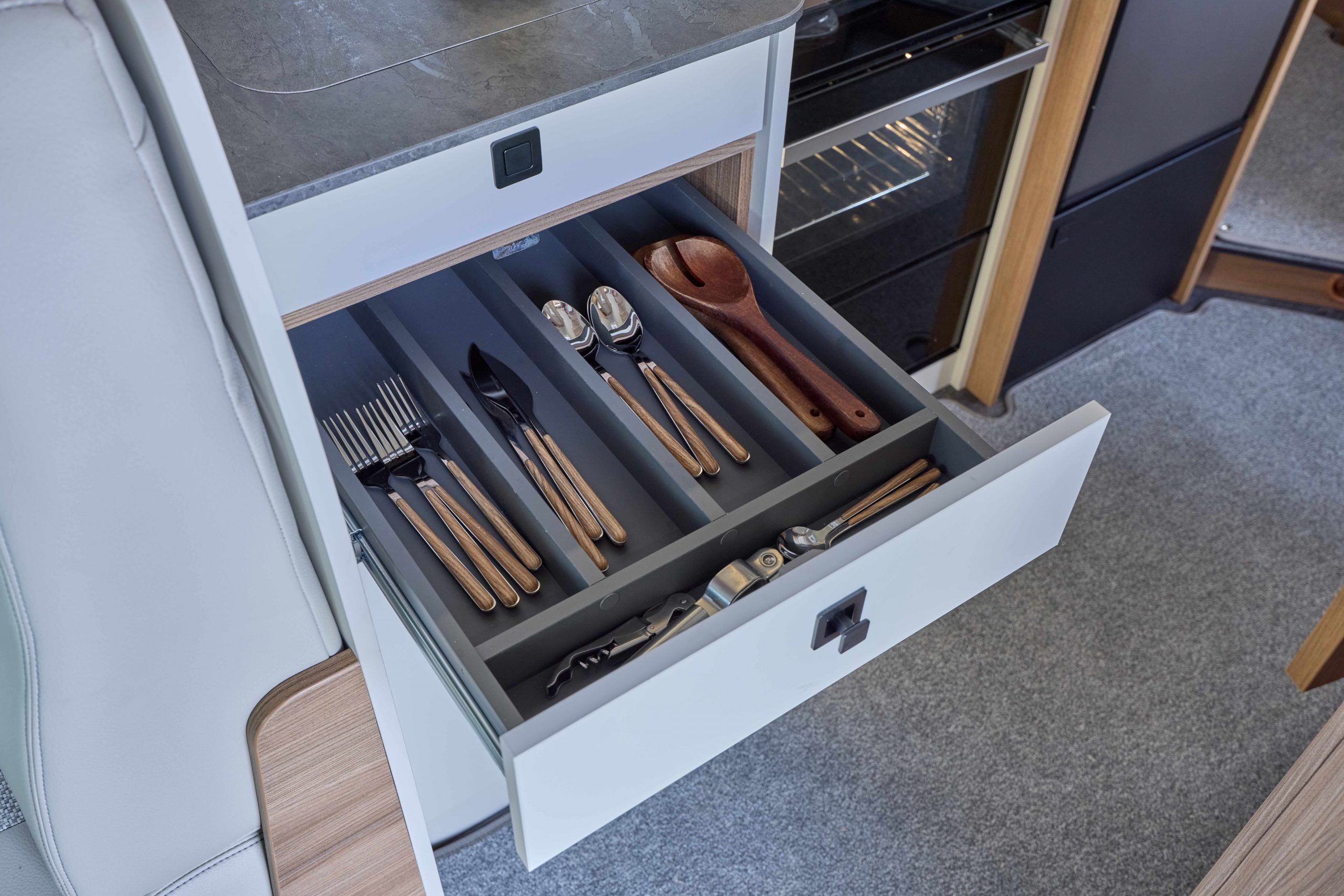 2026 - Auto-Trail Imala 730 - Interior Soft close cuttlery drawers 2026 Auto Trail Imala 730 interior soft close cutlery drawer