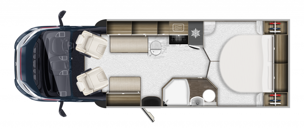 2026 - Auto-Trail Imala 730 - Layout Interior floor layout of the 2026 Auto-Trail Imala 730 showing kitchen, bathroom, front dinette and bedroom arrangement.